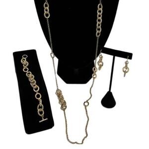 Charter Club Gold Tone Crystal Rings Station Necklace 30" Bracelet Earrings Set